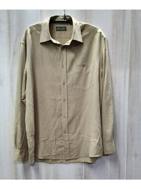 Vintage Bobby Chan Silk Button Up Shirt, Khaki Tan Brown, Long Sleeve, Size M
